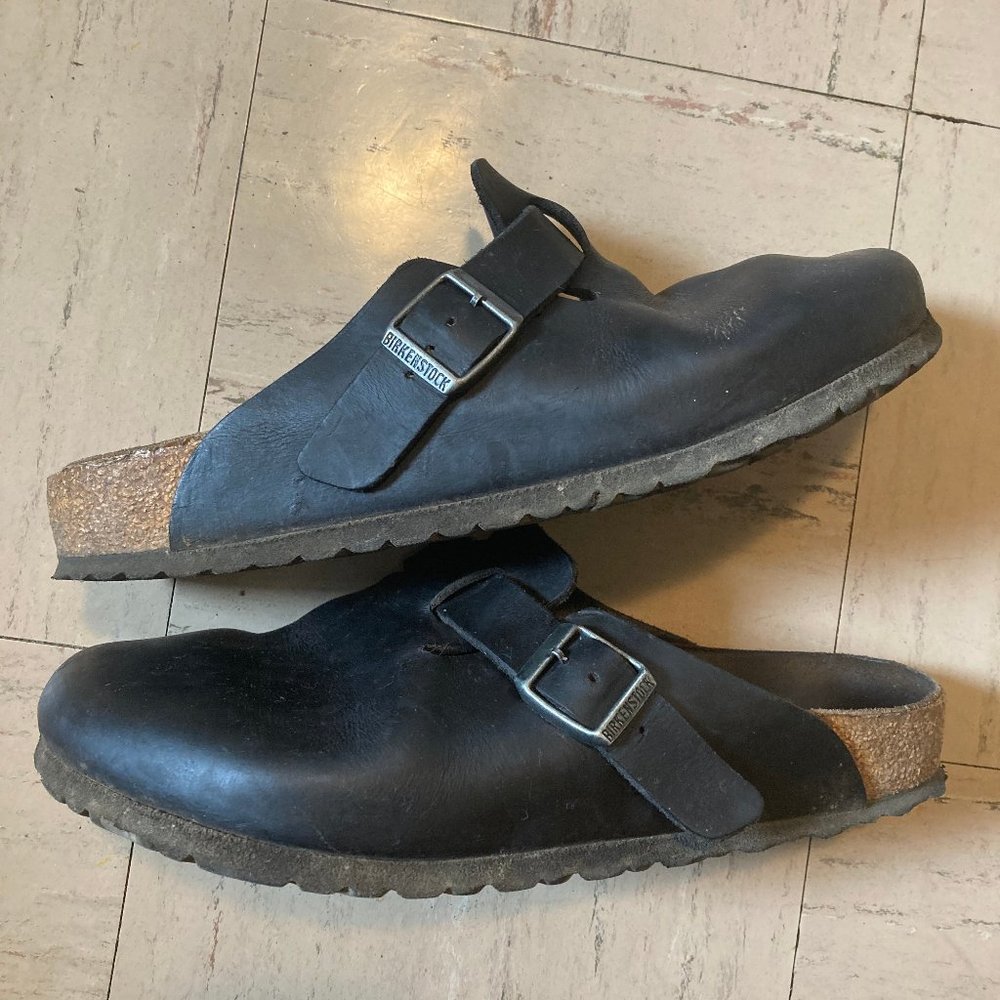 black leather birkenstock clogs